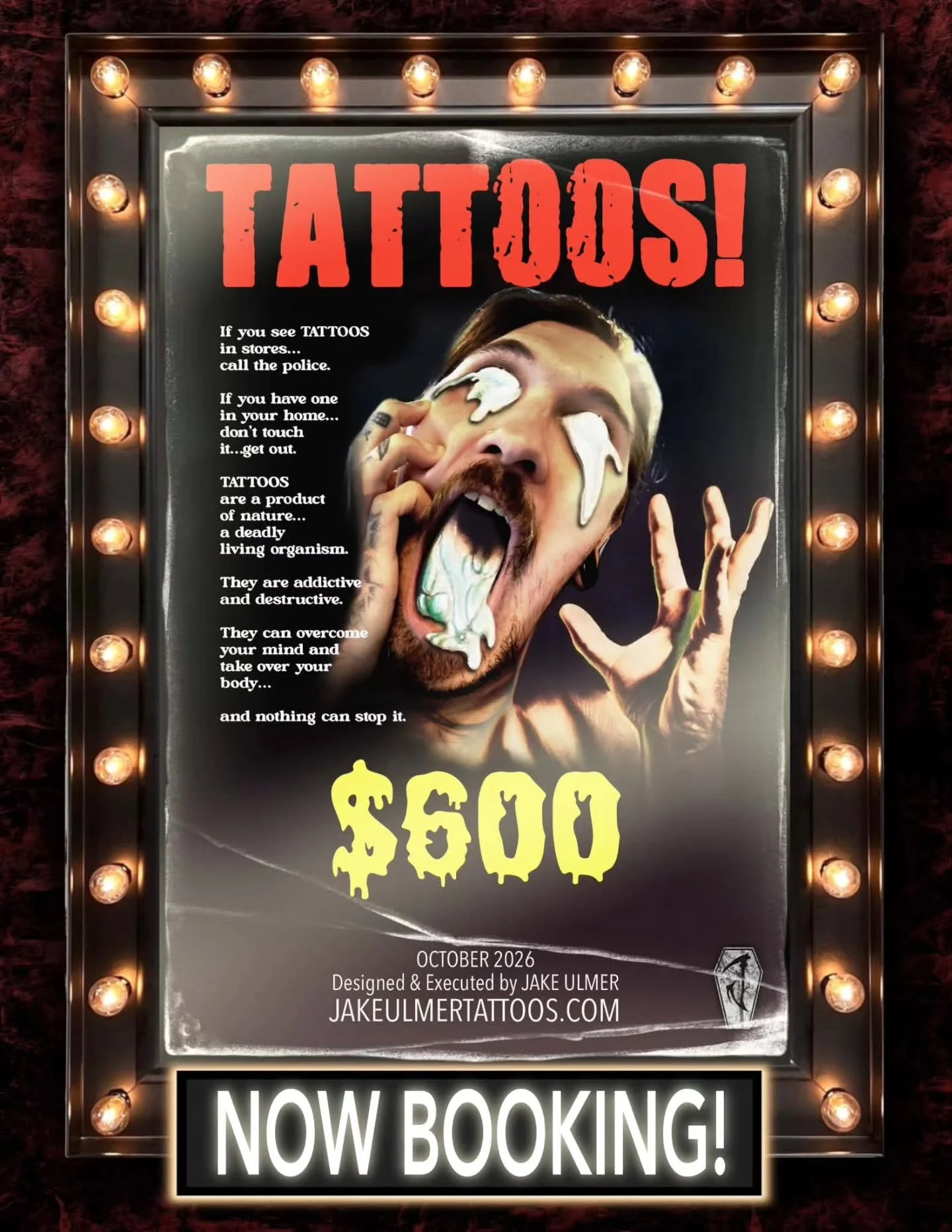 😱 FULL SESSION TATTOOS $600! 😱 Book a full session tattoo (12pm-6pm) through October for only $600! (Normally $850) 🔥 Message me or visit my website at jakeulmertattoos.com to book! 📖 

#jakeulmertattoos #darkart #horror #blackworktattoo #blackan