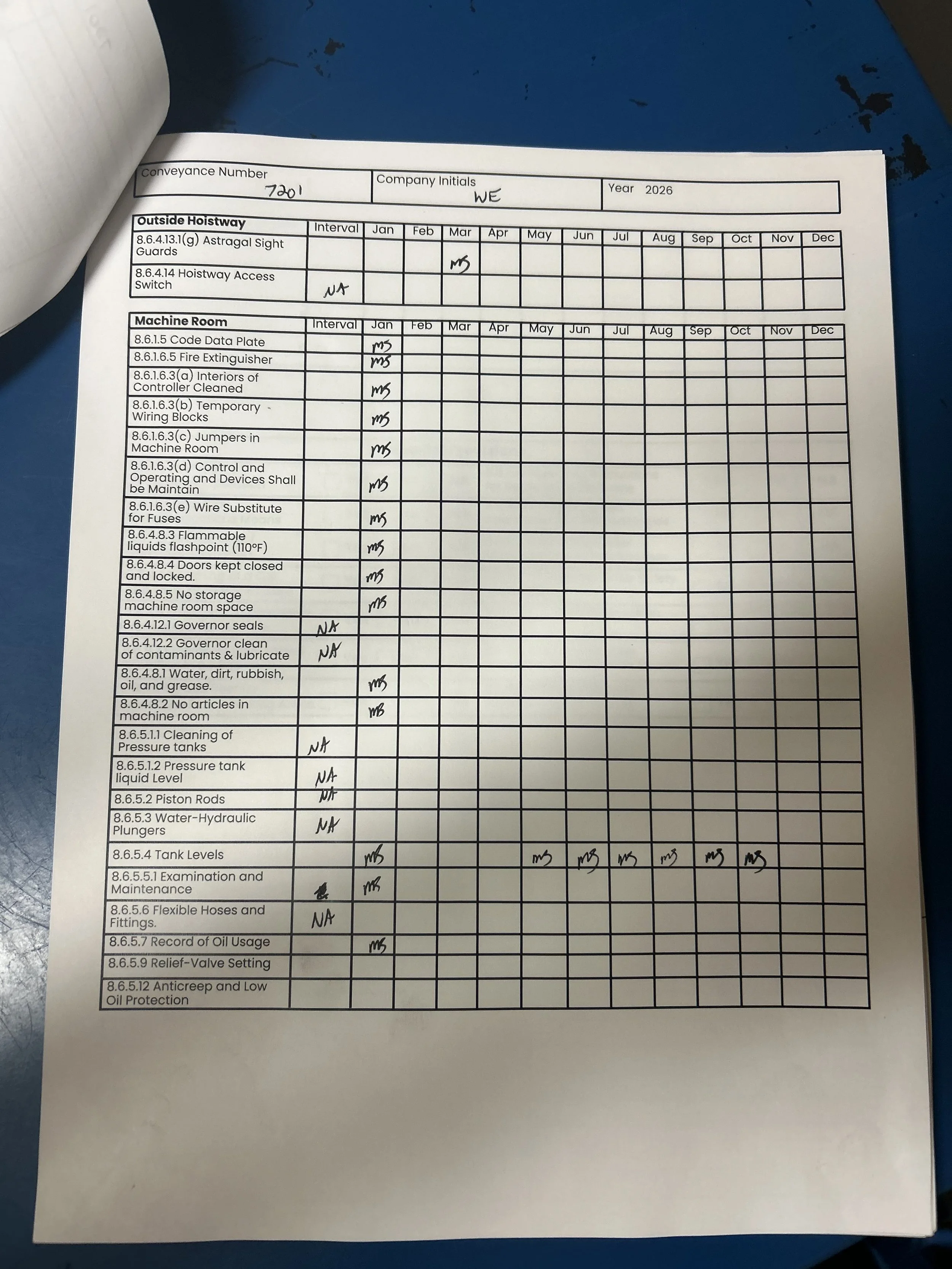 Washington Elevator Maintenance Control Program log showing monthly preventive maintenance visits, September 2026