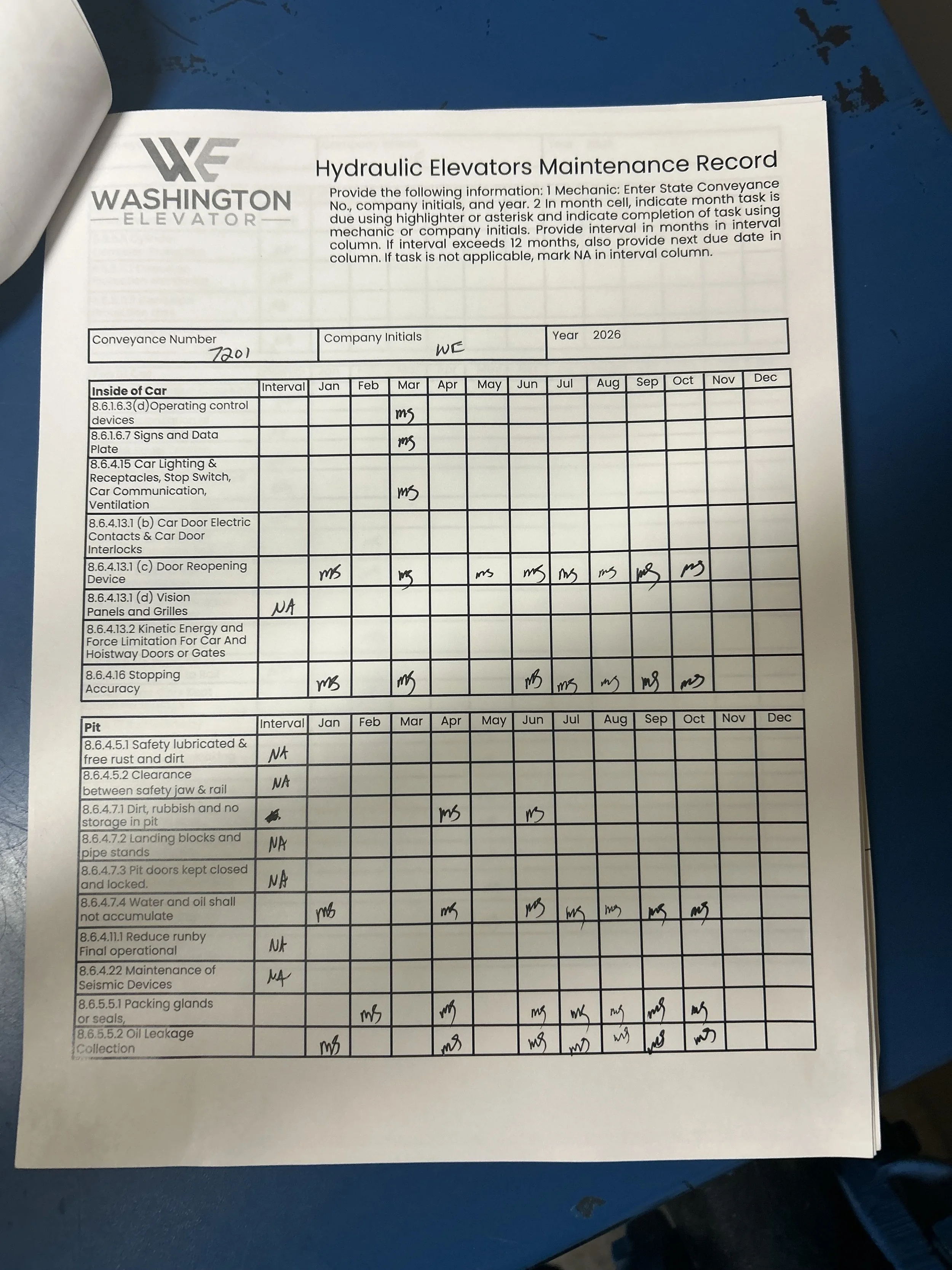 Washington Elevator Maintenance Control Program log showing monthly preventive maintenance visits, September 2026