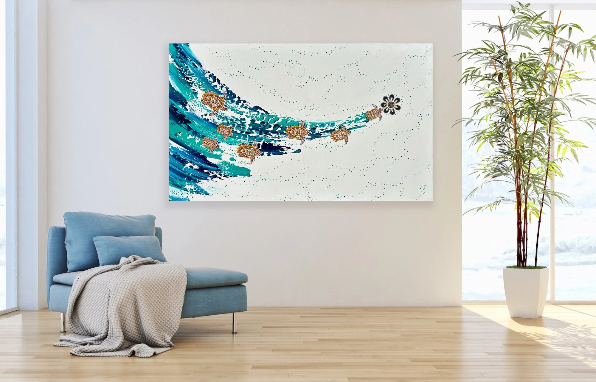 Milbi Designs Anthony Walker Aboriginal Art Turtle Increase Song Cycle 92 x 153 Jan 2026 in situ copy.jpeg