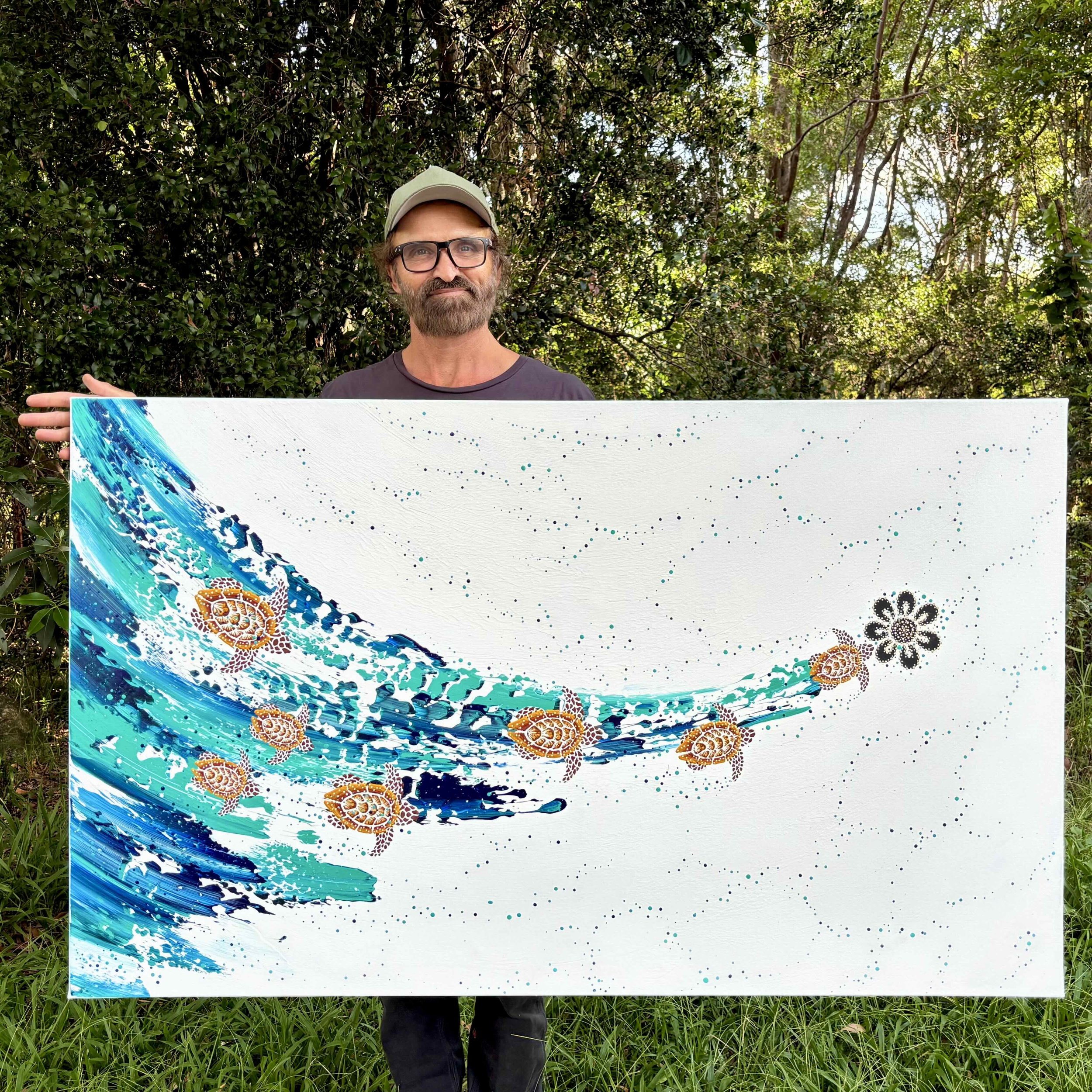 Milbi Designs Anthony Walker Aboriginal Art Turtle Increase Song Cycle 92 x 153 Jan 2026 with artist.jpeg