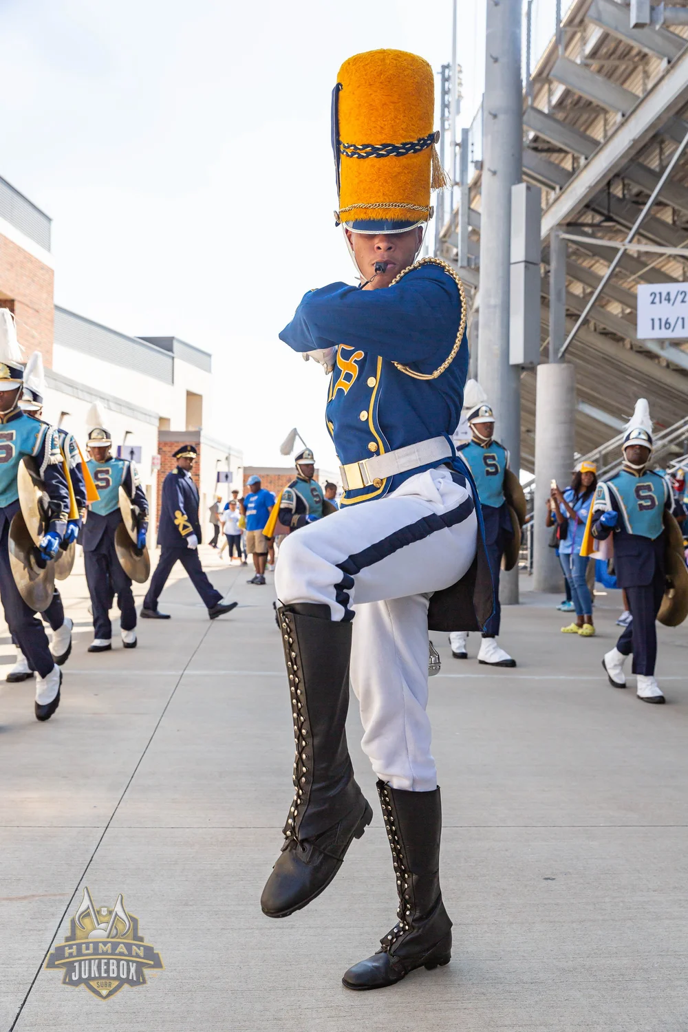 Southern University Human Jukebox drum major high-stepping through the stadium tunnel before facing Prairie View A&M