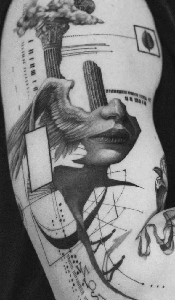 Tattoo of a woman's face with her eye closed, details like lips, nose, and cheek, combined with abstract and geometric elements. Smoke and fire depicted in the upper part of the tattoo.