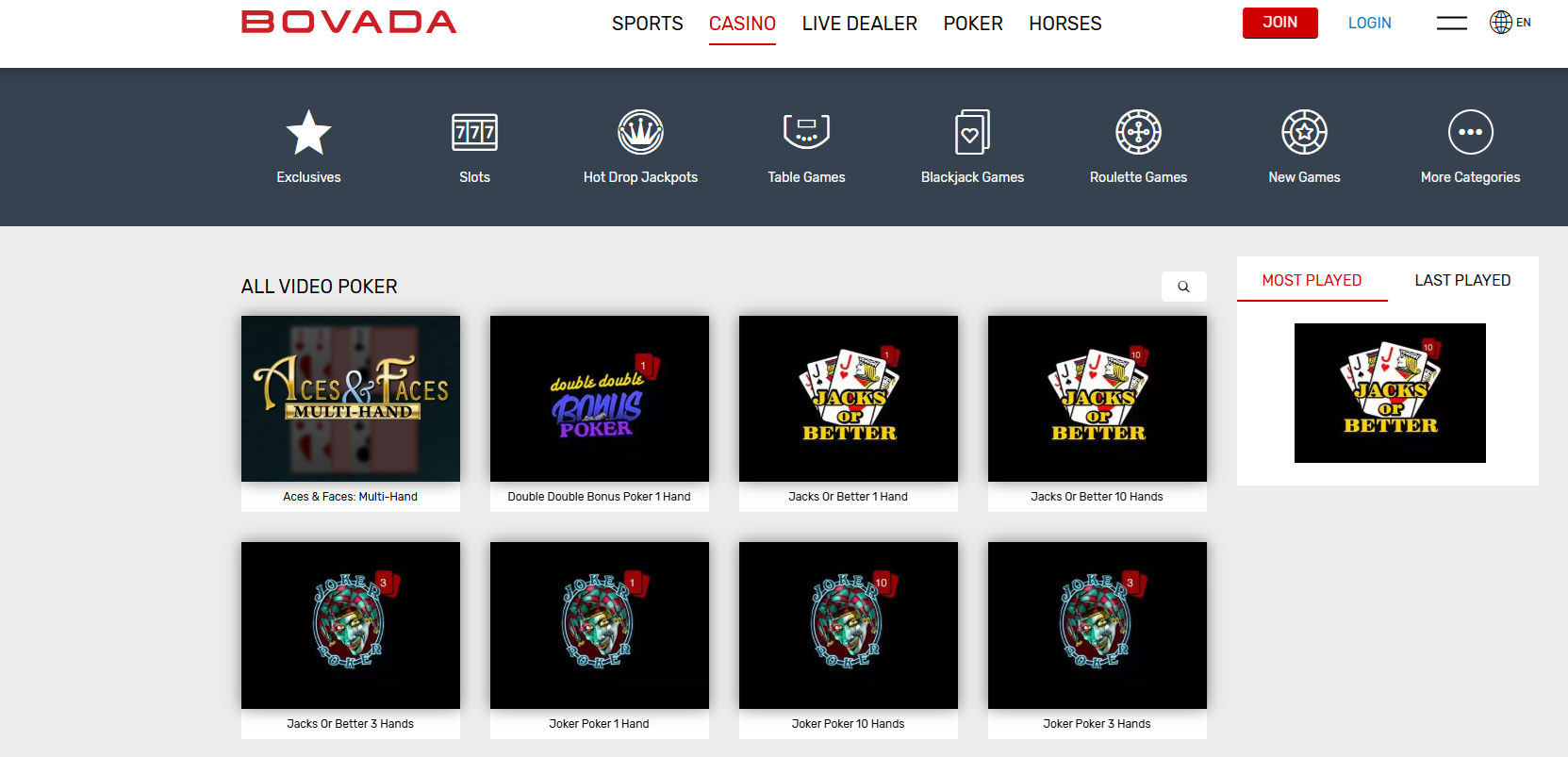 Bovada Video Poker Lobby