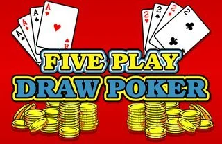 Poker game with playing cards and stacks of poker chips on a red background, with the text 'Five Play Draw Poker' in colorful letters.