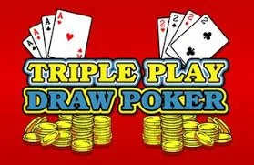 Promotional graphic for triple play draw poker with playing cards and stacks of poker chips.