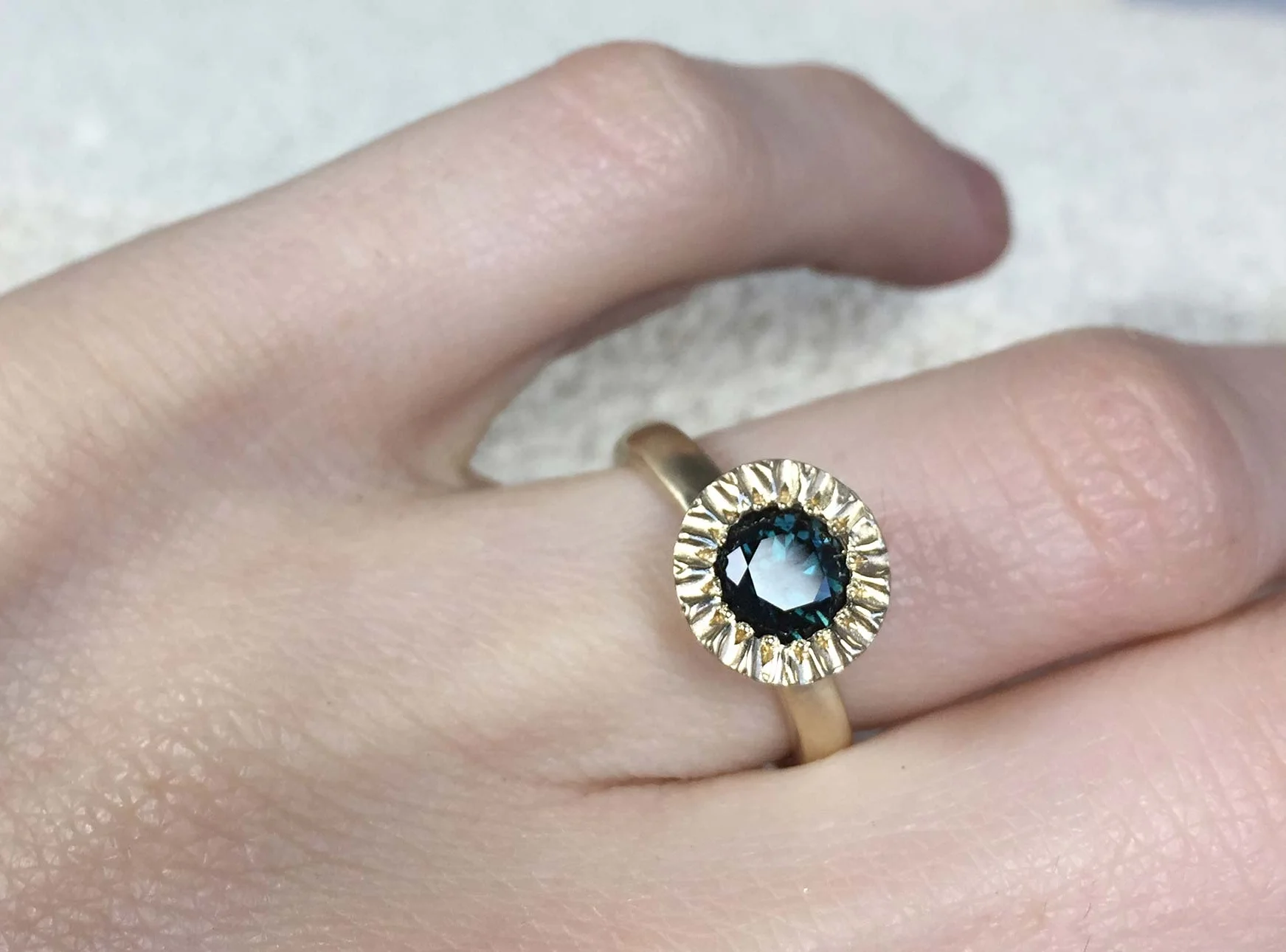Teal Blue Green Australian Sapphire in 9ct Yellow Gold. Alexandra Dodds Custom Alternative Engagement Ring. Sydney NSW.