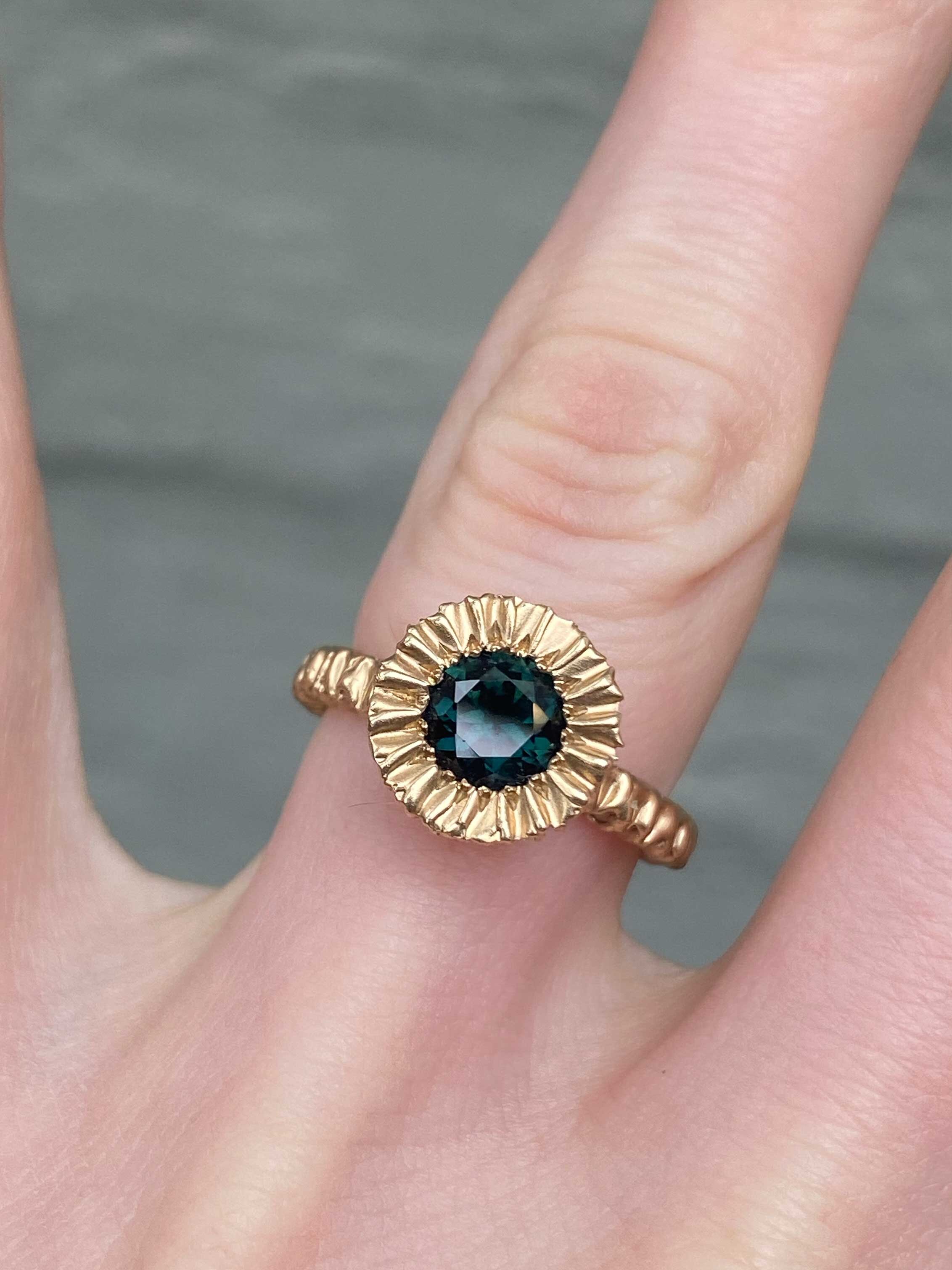 Teeth Gem Ring- Teal Sapphire and Gold (Ready to Ship)