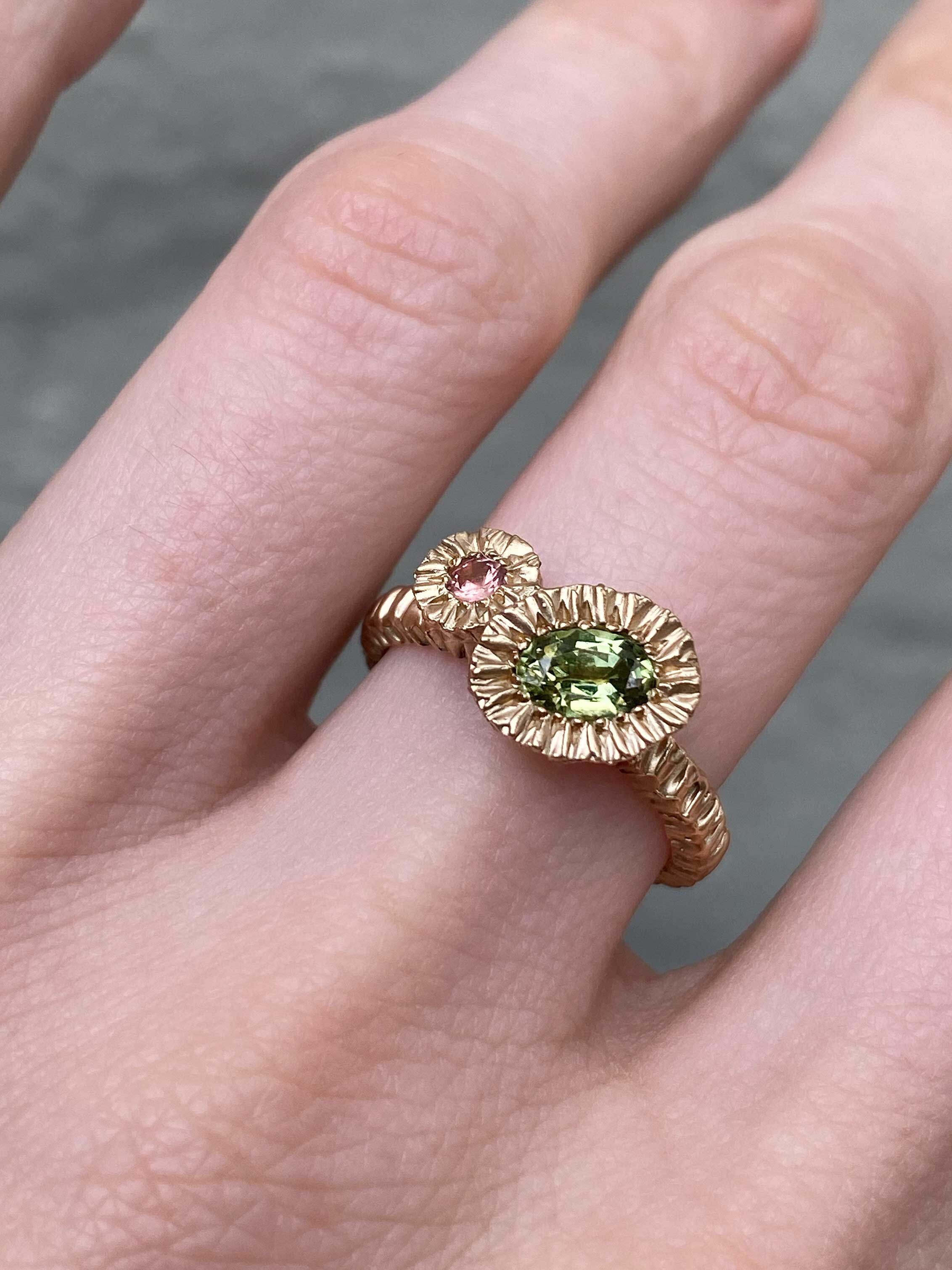 Peach &amp; Green Double Teeth Gem Ring (Ready to Ship)