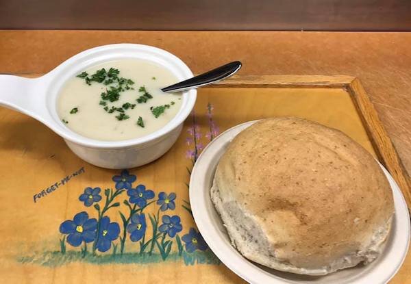  A bowl of soup and roll from The Bake Shop 