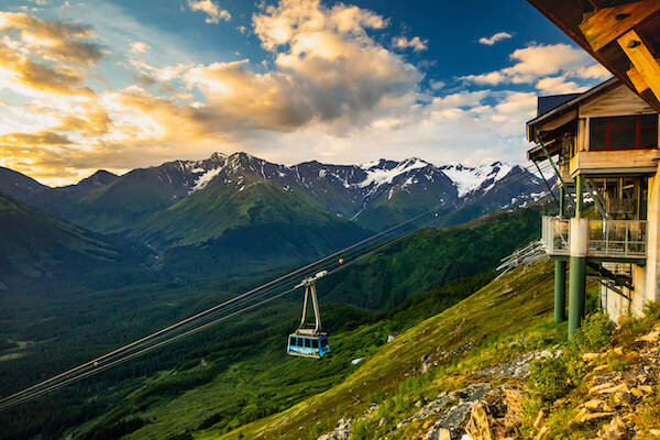  Tram heading Alyeska mountain with mountains in the background 