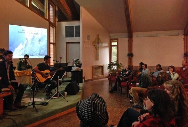  Church service with band playing songs in Girdwood Chapel 