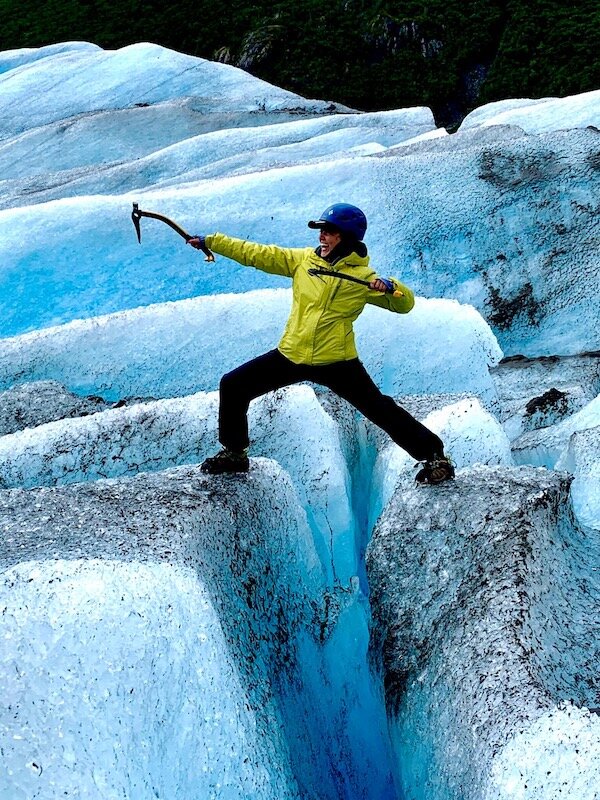  Karate pose across glacier cravass with Chugach Adventure Guides   