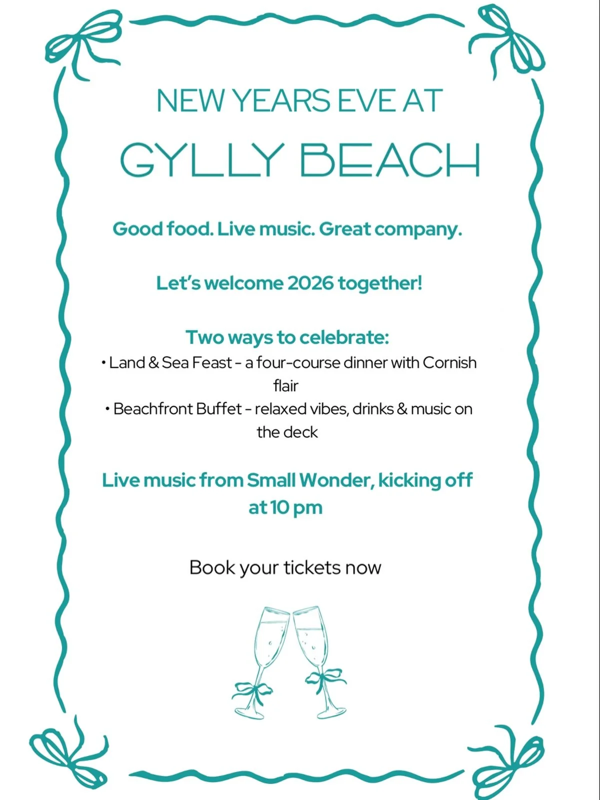 ✨ 2025 ends with coastal magic at Gylly Beach Caf&eacute; - and you won&rsquo;t want to miss it ✨

🥂 Kick off the night with a glass of Cornish fizz, then choose how you want to ring in 2026:

	&bull;	Dive into our indulgent Land &amp; Sea Feast - a