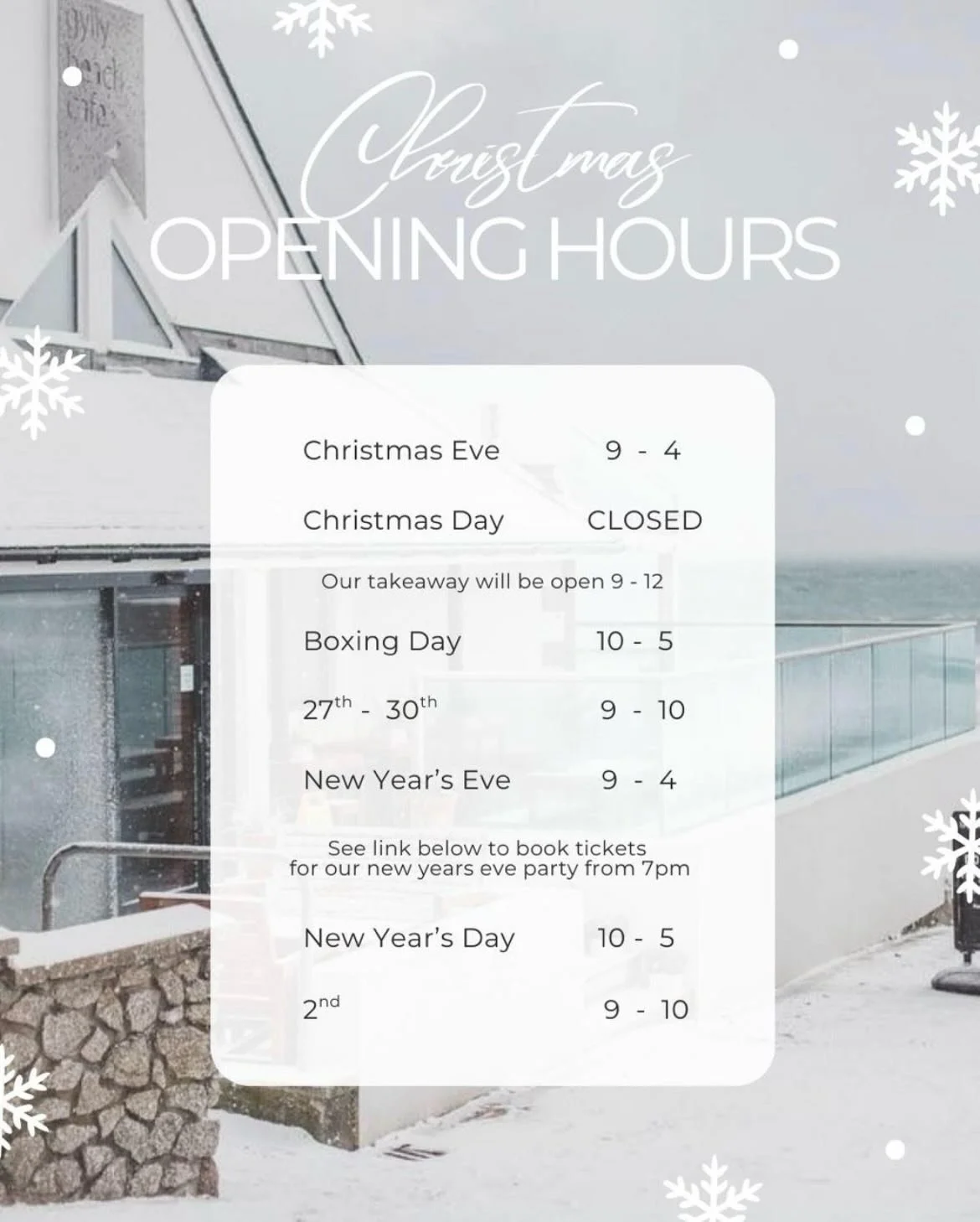 A first for us this year. 

Our takeaway will be open on Christmas morning for the big swim! 🌊 Wether your a toe-dipper or a run-up-diver, we&rsquo;ve got hot chocolate and more at the ready 🎅 

We&rsquo;ll be closing our doors at 4pm on New Year&r