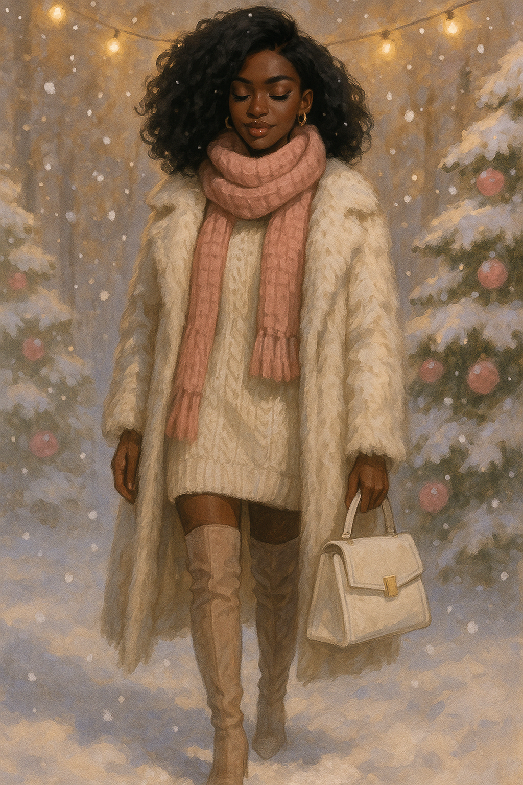 A woman wearing a cream sweater dress, long faux-fur coat, and pink knit scarf, carrying a cream handbag and walking gracefully through a snowy winter scene with Christmas lights and trees in the background.