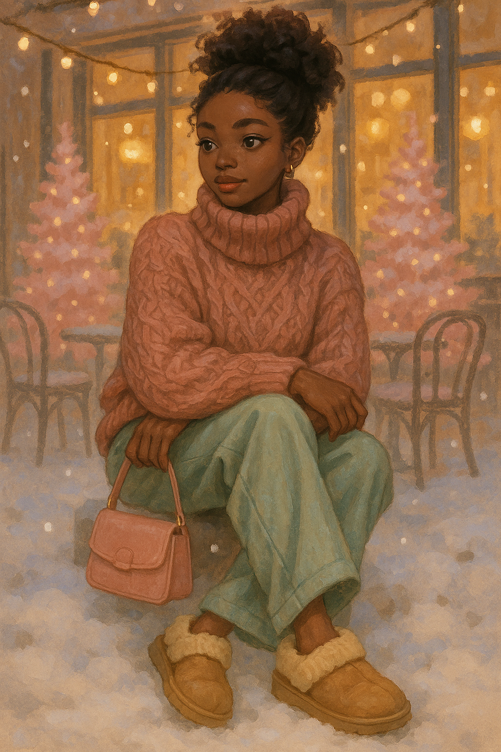 A woman sitting outside a softly lit café wearing a dusty rose cable-knit turtleneck sweater, mint green trousers, and shearling slippers, holding a small pink handbag surrounded by a snowy Christmas scene with twinkling lights.
