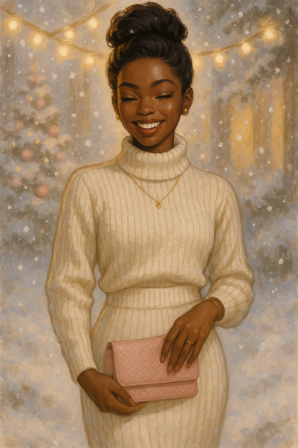 A woman wearing a fitted ivory ribbed knit turtleneck dress with gold jewelry and a pink clutch, standing outside in softly falling snow with warm Christmas lights glowing behind her.