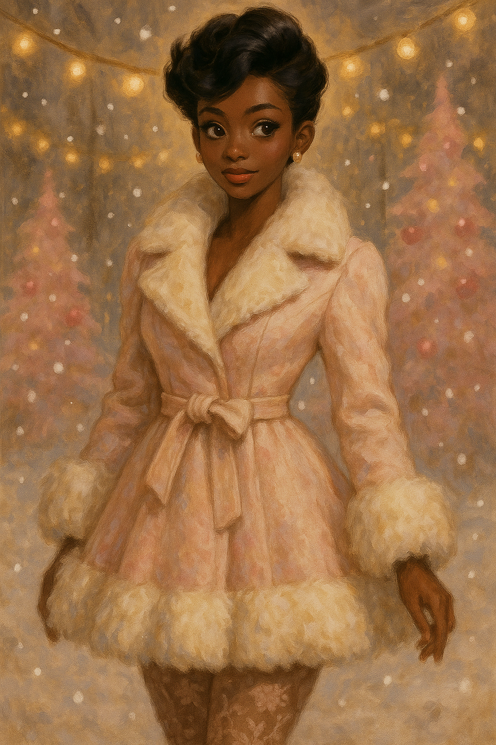 A woman wearing a blush pink fit-and-flare coat with cream faux-fur trim and lace tights, styled with pearl earrings, standing under string lights with softly falling snow and pink Christmas trees in the background.