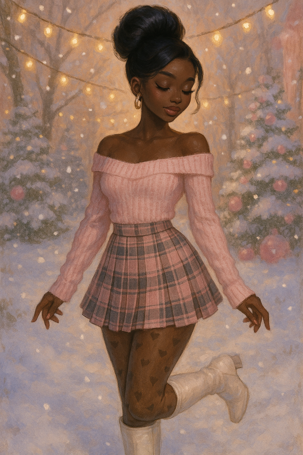 A woman wearing a blush pink off-shoulder ribbed sweater, pink-and-gray plaid skirt, brown heart-patterned tights, and white knee-high boots, standing in a snowy scene surrounded by Christmas lights and pink ornaments.