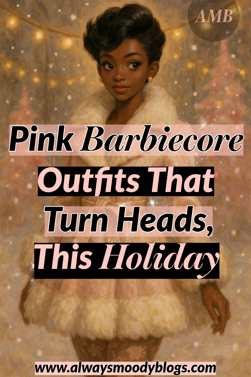 Stylish woman in a vintage-inspired pink fur-trimmed coat surrounded by festive golden lights and pink Christmas trees: Pinterest graphic reading ‘Pink Barbiecore Outfits That Turn Heads This Holiday