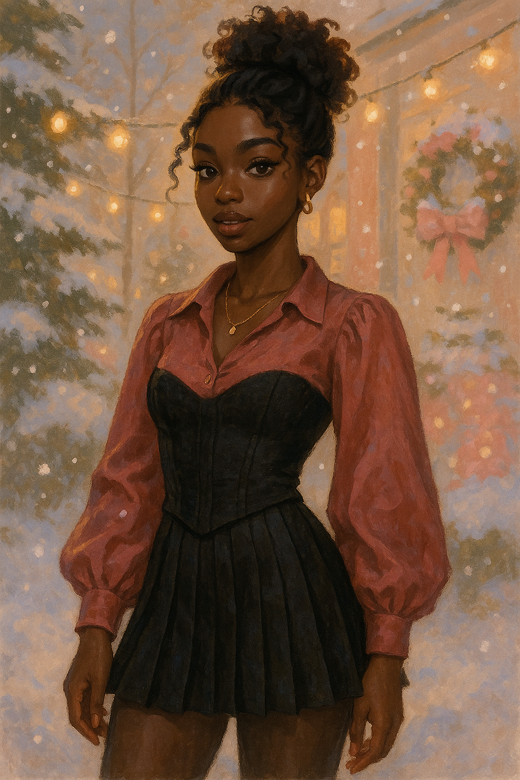 A woman wearing a deep rose satin blouse layered with a black corset top and pleated mini skirt, standing outdoors in a softly glowing snowy Christmas scene with warm festive lights.