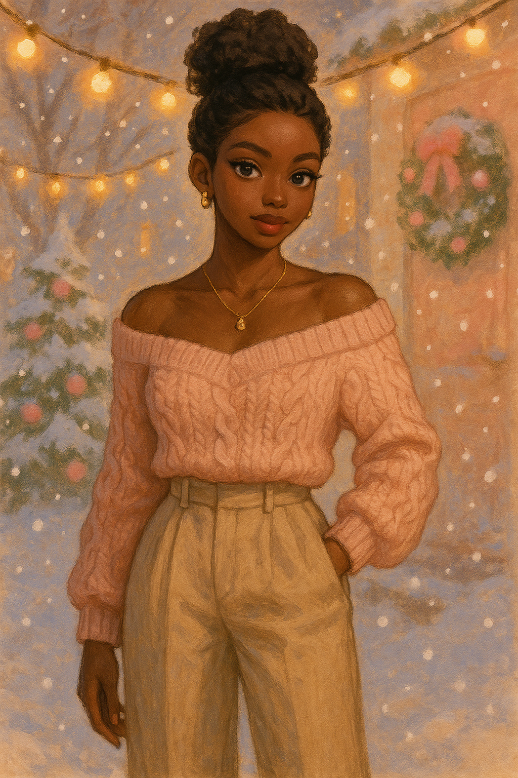 A young woman wearing a blush pink off-shoulder knit sweater with cream high-waisted trousers, gold jewelry, and nude boots, standing outside under warm string lights surrounded by snow and Christmas decorations.