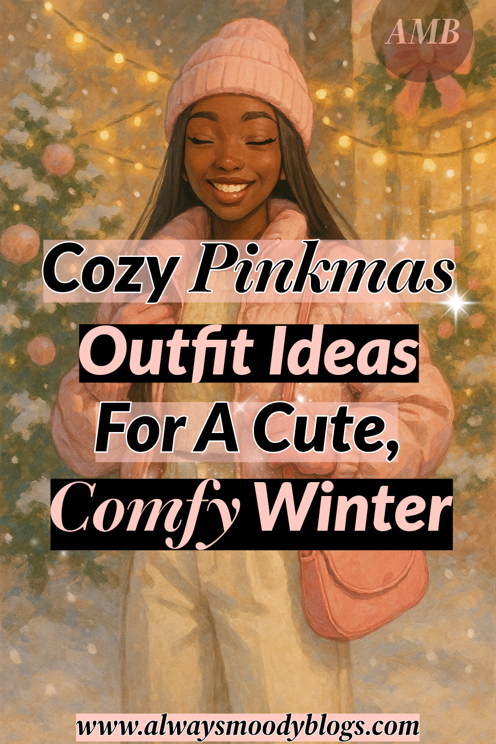 Smiling woman in a pink puffer jacket, beanie, and scarf holding a cup of cocoa surrounded by Christmas trees and warm lights — Pinterest graphic reading ‘Cozy Pinkmas Outfit Ideas for a Cute, Comfy Winter.