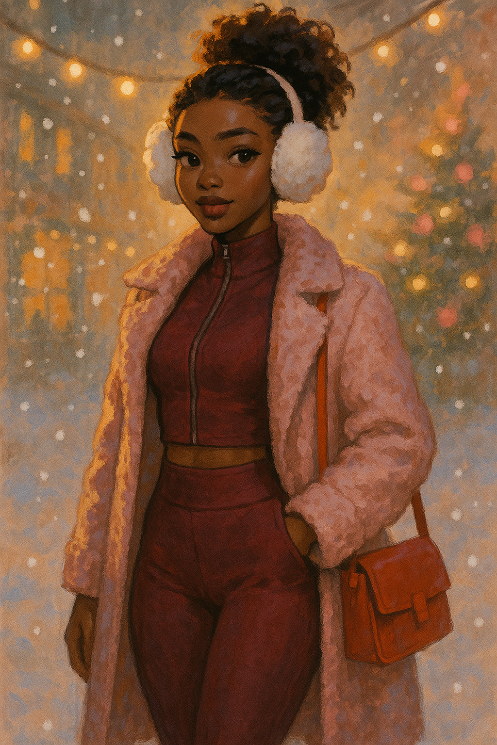 A young woman dressed in a blush pink faux-fur coat, burgundy zip-up top, and matching high-waisted leggings, with cream earmuffs and a red crossbody bag, standing outdoors in a softly lit snowy Christmas setting with twinkling lights.