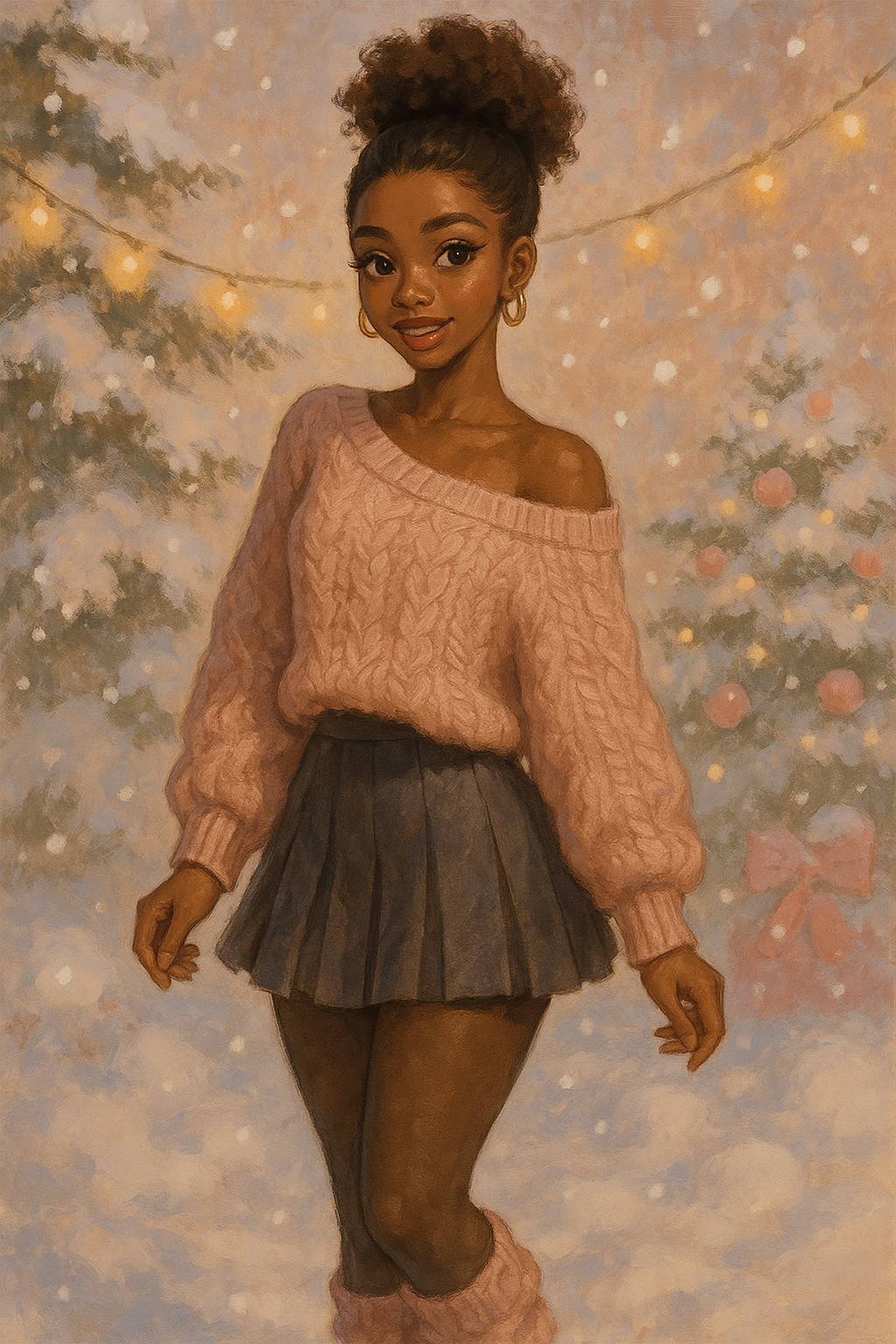 A woman wearing a blush pink off-shoulder cable-knit sweater, dark gray pleated mini skirt, pink leg warmers, and sheer tights, standing outside in softly falling snow with twinkling Christmas lights and a decorated tree behind her.