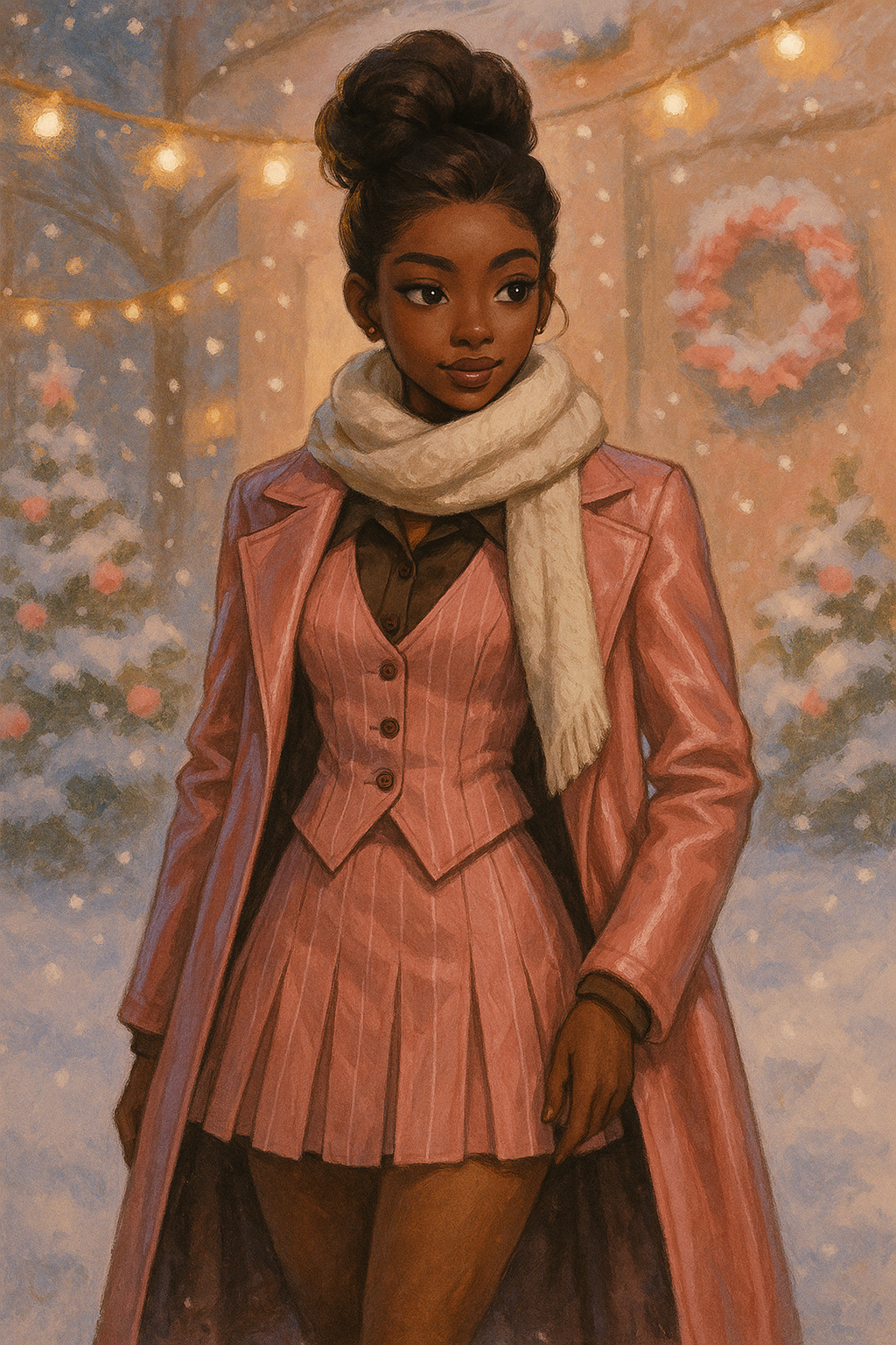 A woman wearing a rose-pink pinstriped suit with a pleated mini skirt, black blouse, and cream knit scarf, standing in a softly lit winter scene surrounded by snow and Christmas lights.