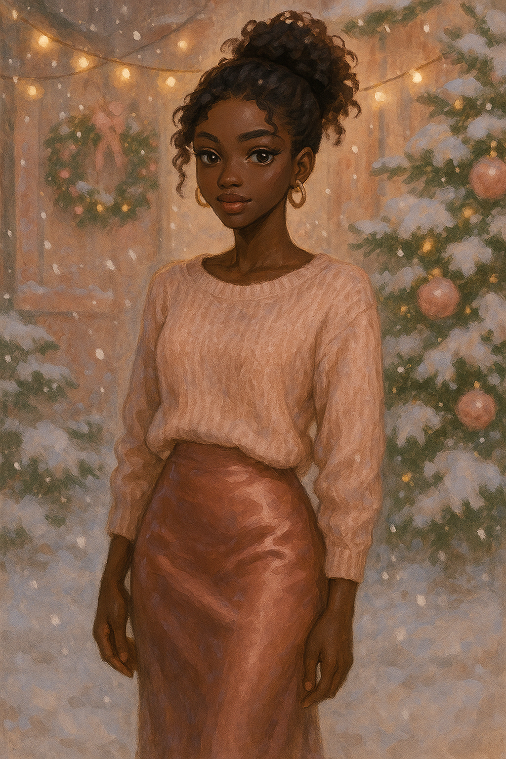 A woman wearing a rosy beige knit sweater tucked into a silky deep rose satin skirt, with gold hoop earrings, standing outside in a softly lit snowy scene with Christmas trees and festive lights in the background.