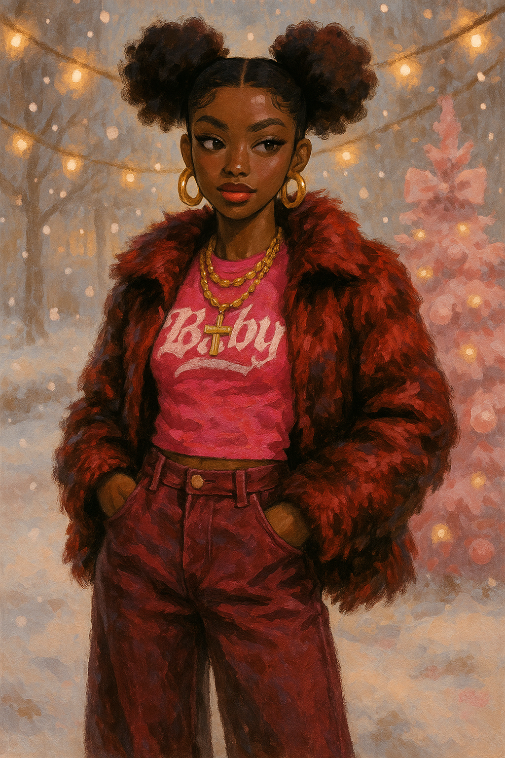 A woman wearing a hot pink graphic tee with “Baby” text, a burgundy faux-fur jacket, and matching high-waisted pants, accessorized with gold jewelry, standing outdoors in a snowy Christmas setting with glowing lights.