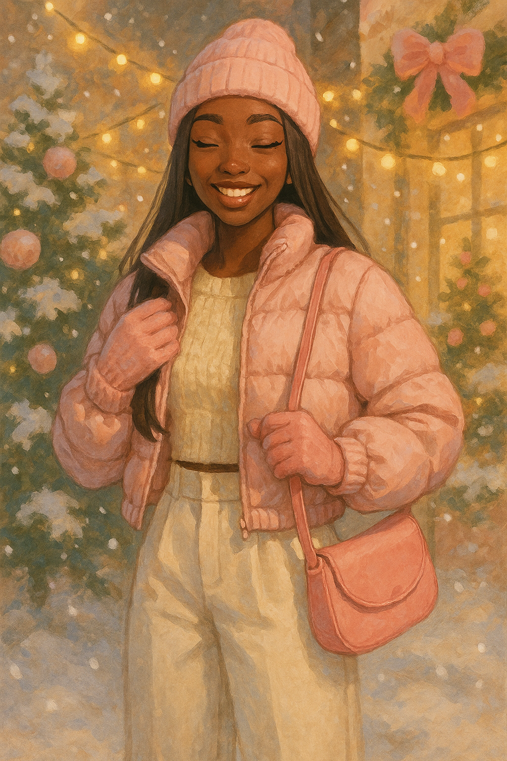 A smiling woman dressed in a blush pink puffer jacket, cream sweater, ivory trousers, and a soft pink beanie with a matching crossbody bag, standing near Christmas trees decorated with lights and ornaments.
