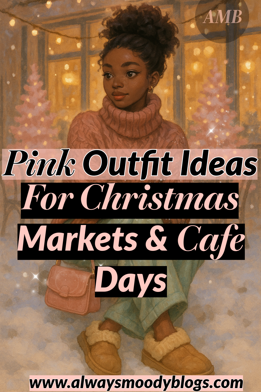 Confident Black woman in a bold pink streetwear look — faux fur jacket, graphic tee, and burgundy pants, standing in front of glowing Christmas lights. Pinterest graphic text reads ‘Bold Pink Streetstyle Outfits for Winter