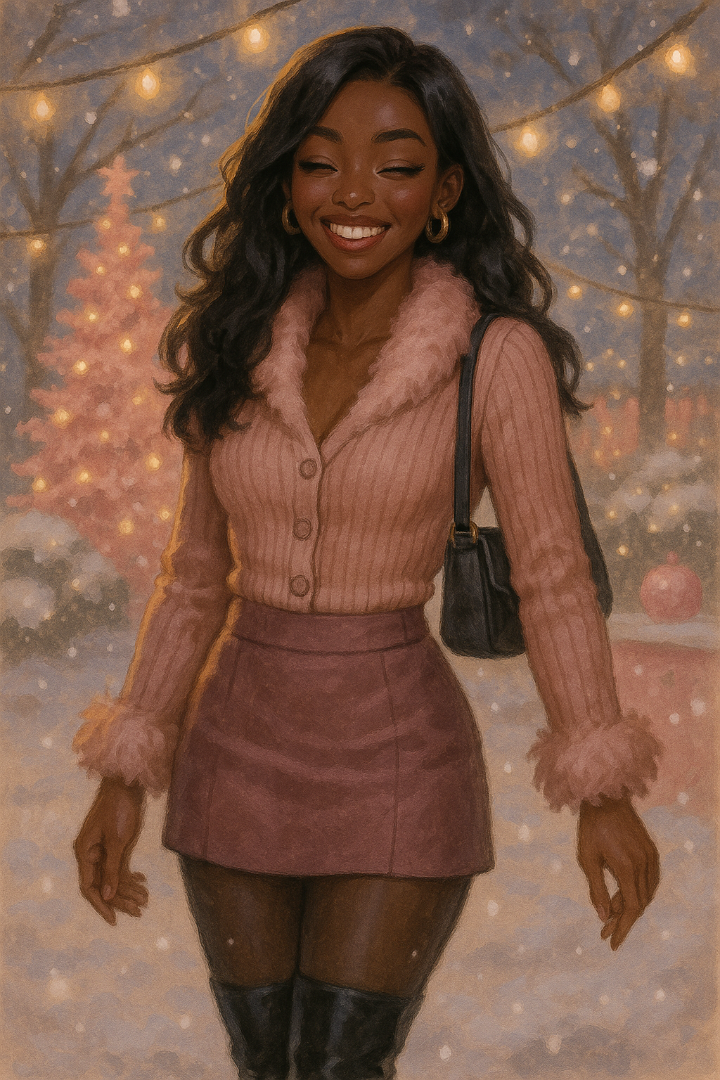 A woman in a blush pink fuzzy collared knit top and rose suede mini skirt paired with black thigh-high boots, standing outside in a softly lit winter scene with Christmas lights and snow in the background.