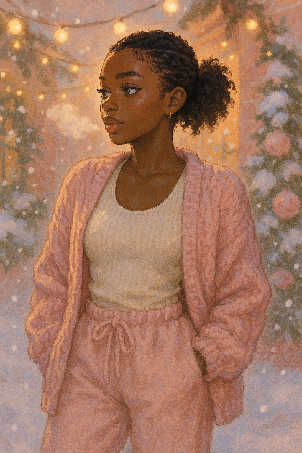 A young woman wearing a pastel pink knit cardigan, cream ribbed tank top, and light pink fleece joggers paired with beige UGG slippers, standing outdoors in a softly lit snowy winter setting with string lights glowing behind her.