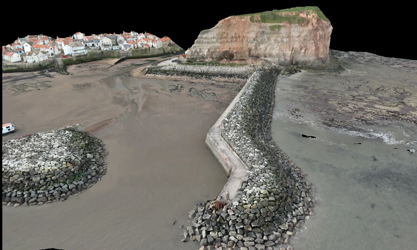 A 3D model of breakwaters and an entrance to a port.
