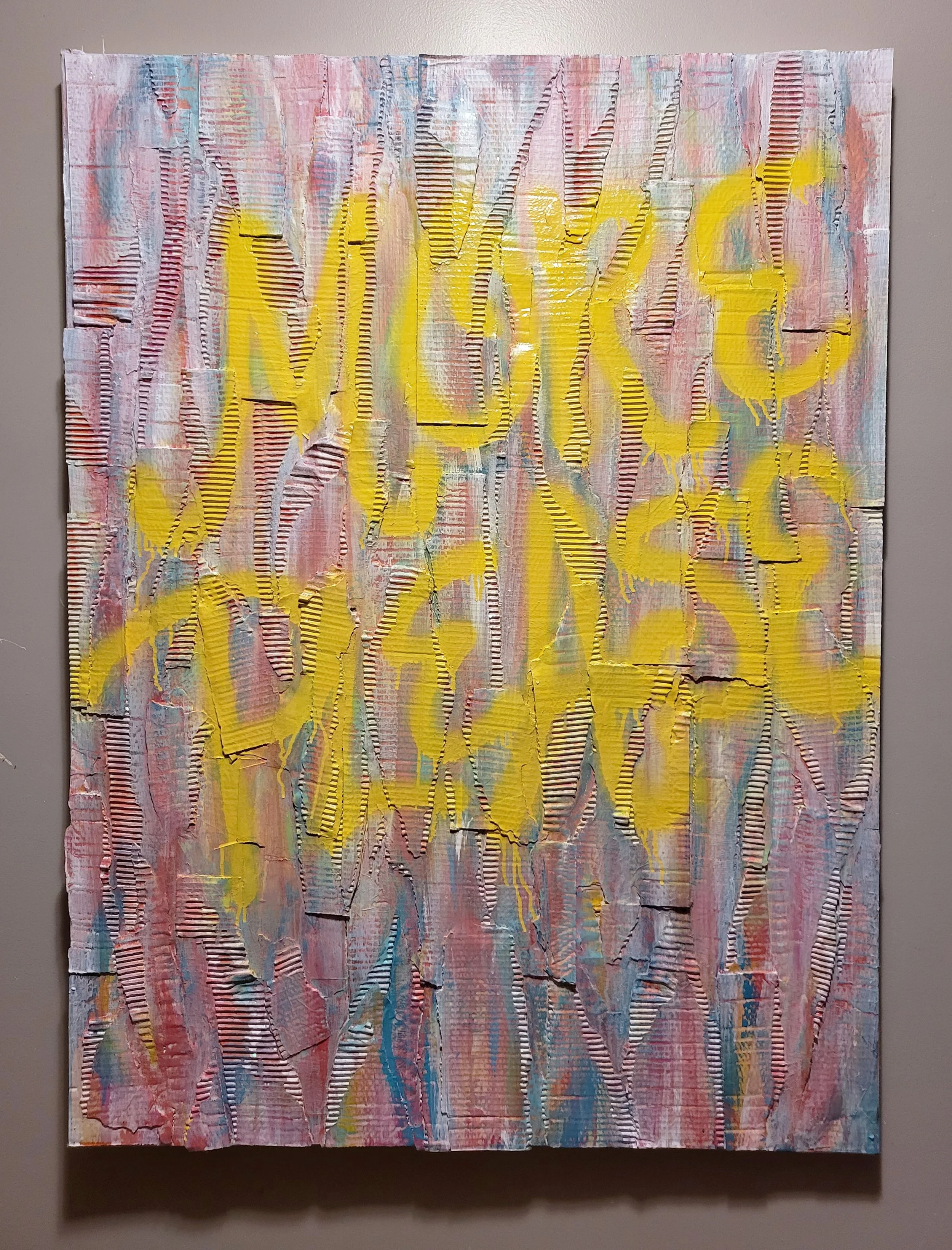 MORE PLEASE // 36"W x 48"H // Recycled Cardboard Boxes, Adhesive, Acrylic Paint, Glitter, Spray Paint