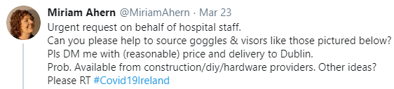 tweet with an urgent request for PPE on behalf of Irish hospital staff