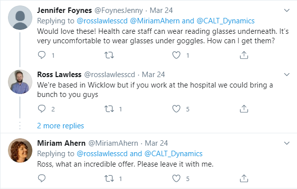 tweets and replies with an urgent request for PPE on behalf of Irish hospital staff