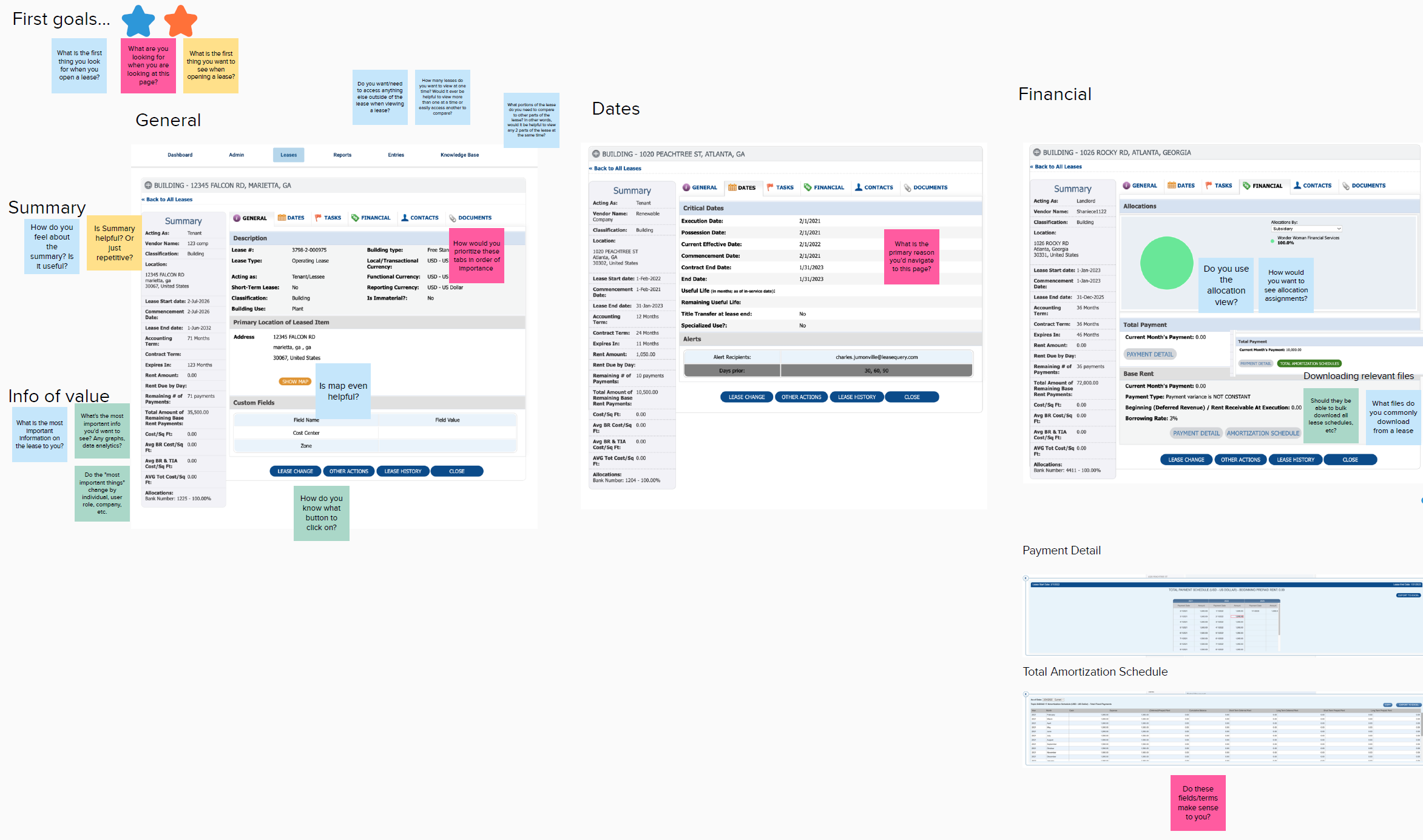 A collaborative whiteboarding tool with screenshots and notes with brainstormed questions and goals
