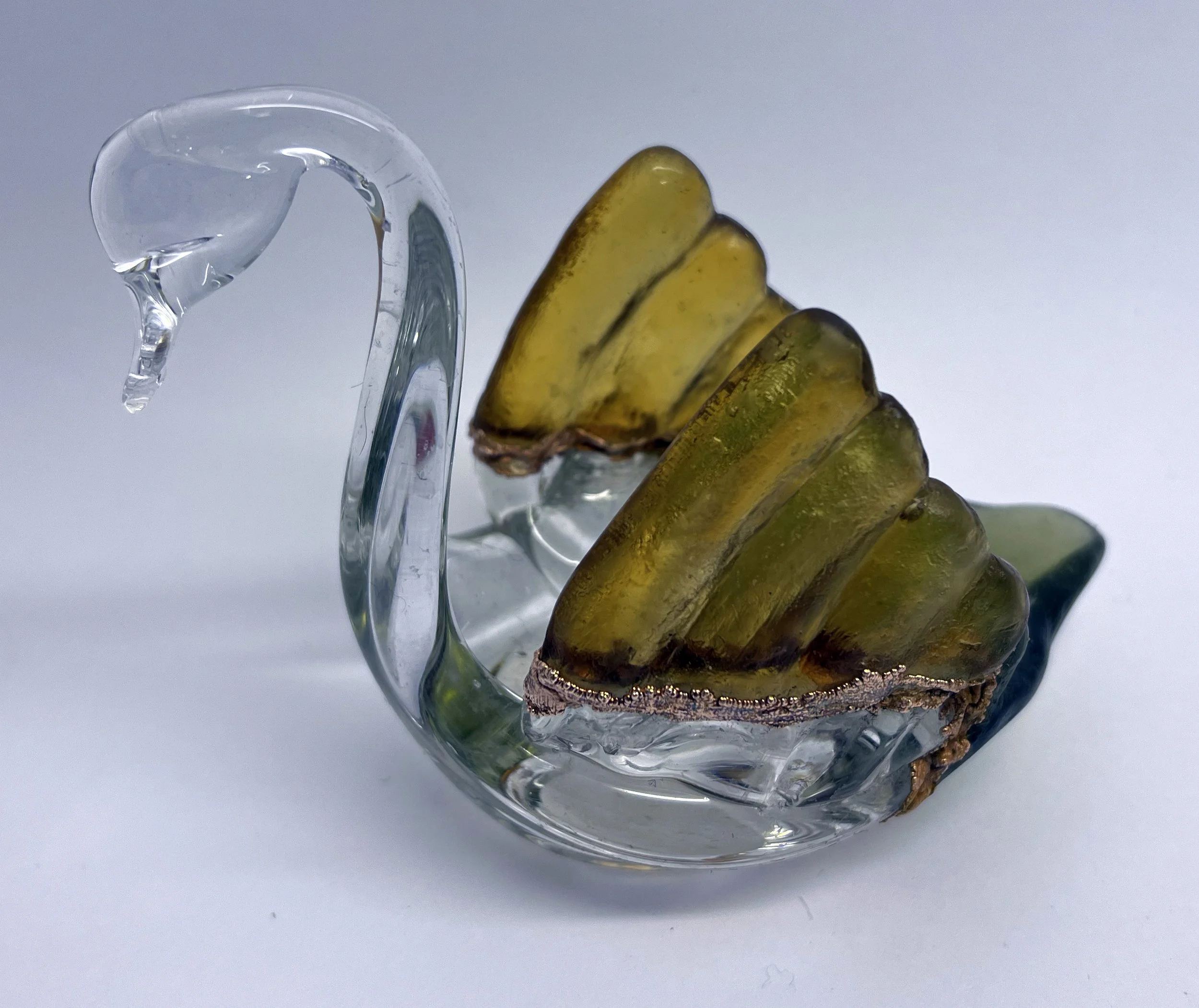 Caithness Crystal Swan made in King's Lynn, 'mended' using Kintsugi-style copper-electroforming.