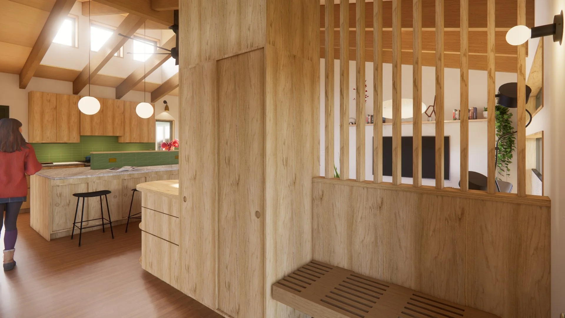 Wood Slat Entry Bench, Kitchen with roof monitor windows and exposed beams