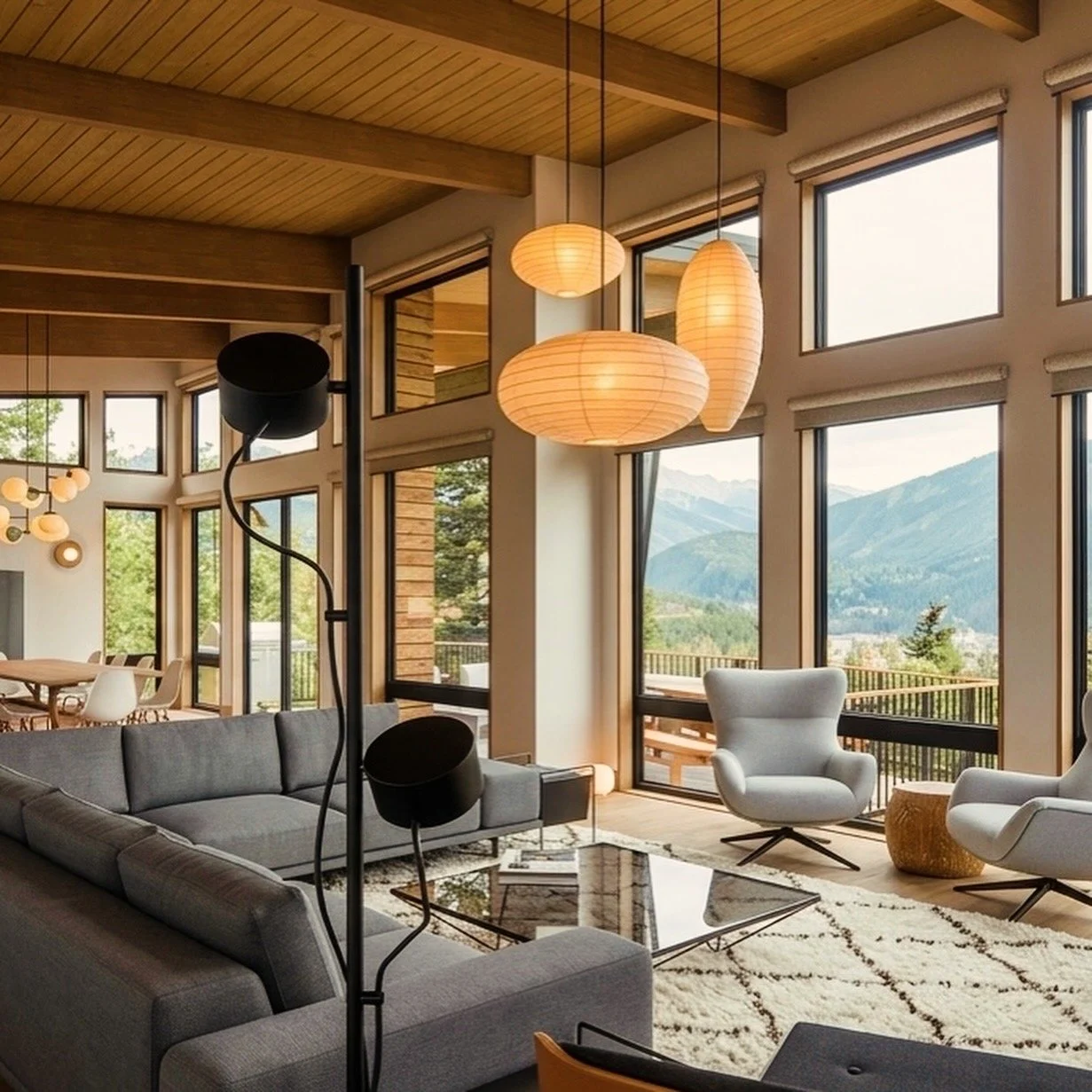 luxury mountain architecture, shed roof, natural daylight, midcentury modern, interior design, midcentury mountain