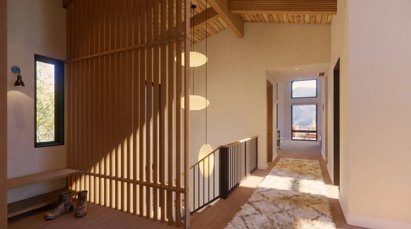slat wall, post and beam, natural daylight, midcentury modern, interior design, midcentury mountain