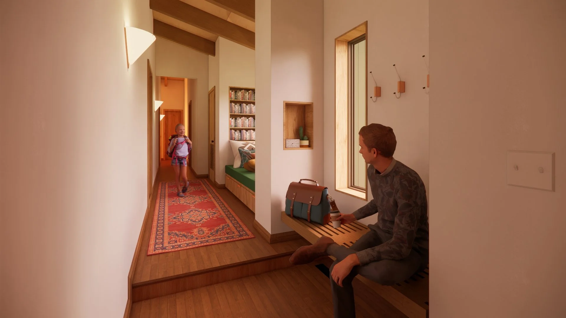 A drop zone bench connects the garage to the home, passing by a private library nook with a day-bed built-in between shelving