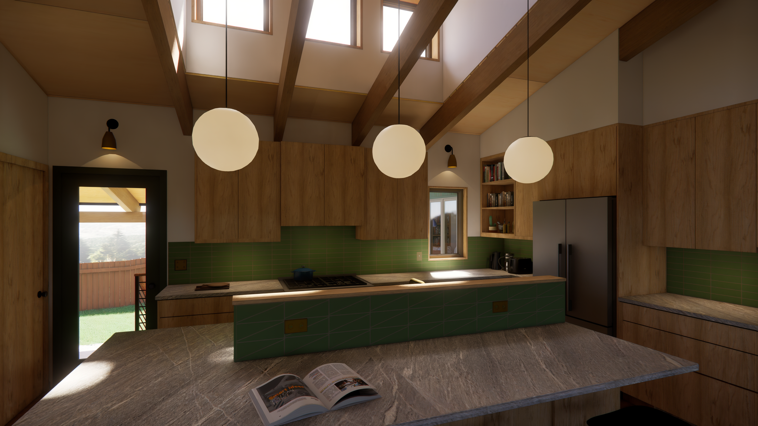 Kitchen with vaulted ceiling and roof monitor windows. Kitchen island with a privacy wall and custom tile lay