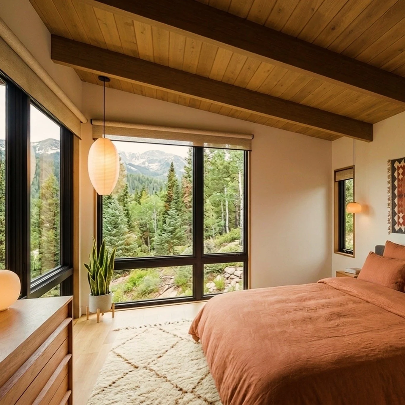 luxury mountain architecture, shed roof, natural daylight, midcentury modern, interior design, midcentury mountain