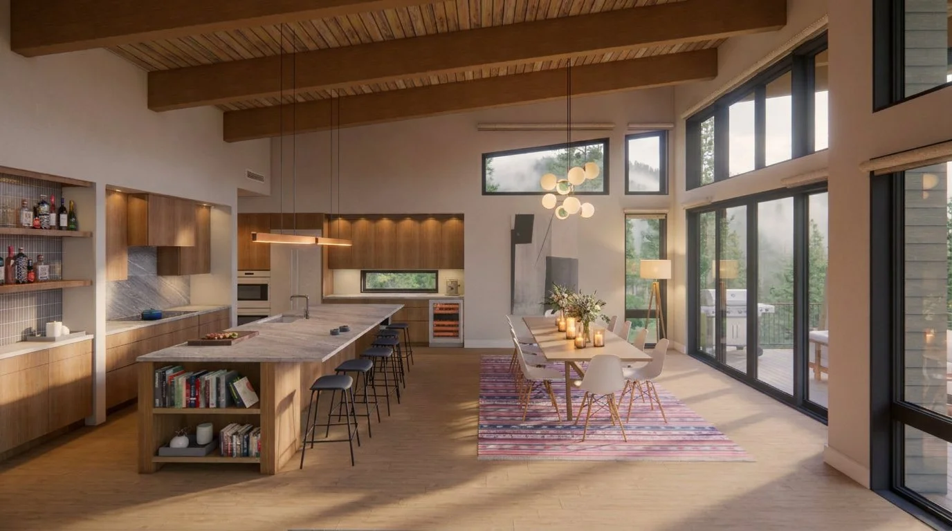 mountain house, natural daylight, midcentury modern, interior design, midcentury mountain